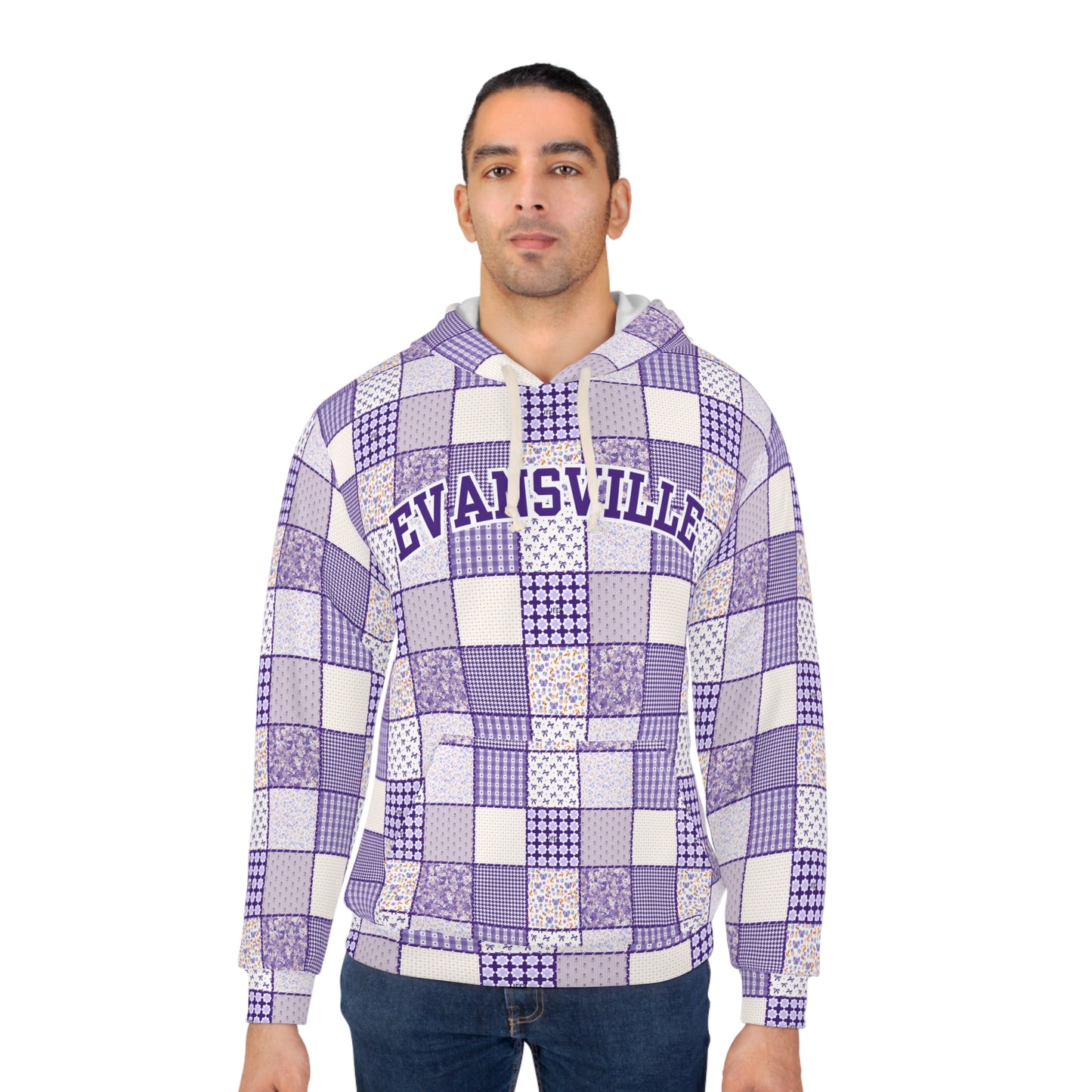 Evansville Purple Patchwork Hoodie - All-Over Print Pullover
