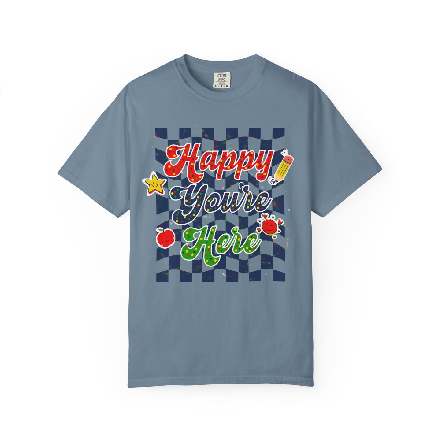 "Happy You're Here" Primary Colors Checkerboard T-Shirt | Retro Doodle Graphics - Unisex regular fit, round neck, short sleeve, cotton, printed, casual