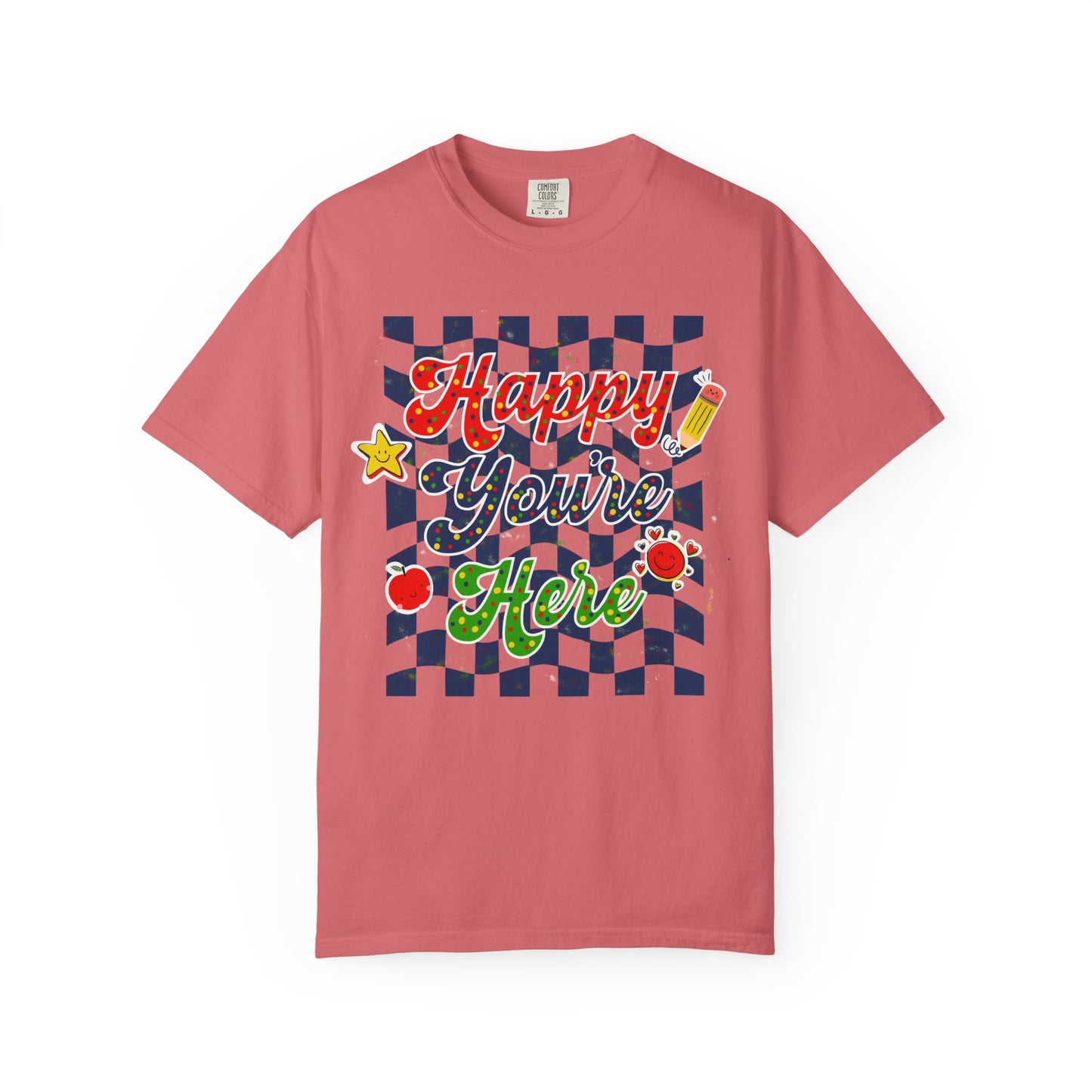 "Happy You're Here" Primary Colors Checkerboard T-Shirt | Retro Doodle Graphics - Unisex regular fit, round neck, short sleeve, cotton, printed, casual