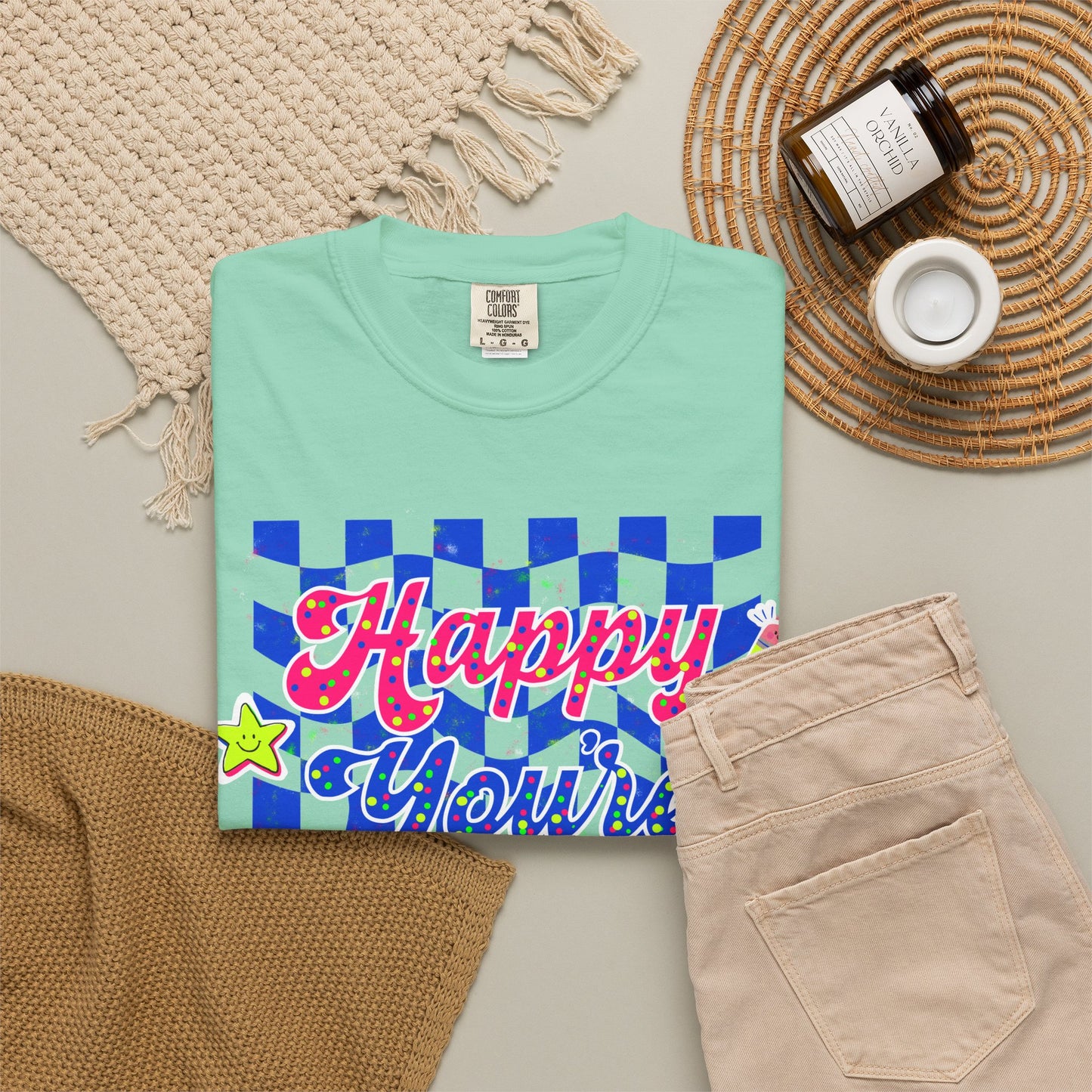 "Happy You're Here" Neon Colors Checkerboard T-Shirt | Retro Doodle Graphics - Unisex regular fit, round neck, short sleeve, cotton, printed, casual