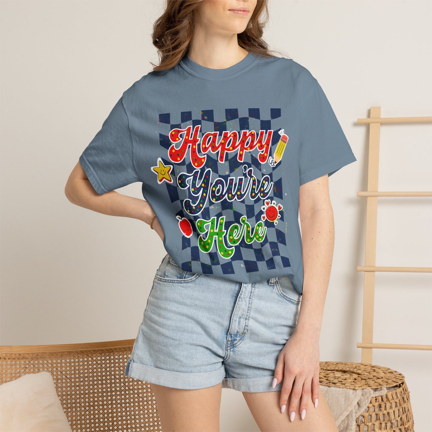 "Happy You're Here" Primary Colors Checkerboard T-Shirt | Retro Doodle Graphics - Unisex regular fit, round neck, short sleeve, cotton, printed, casual