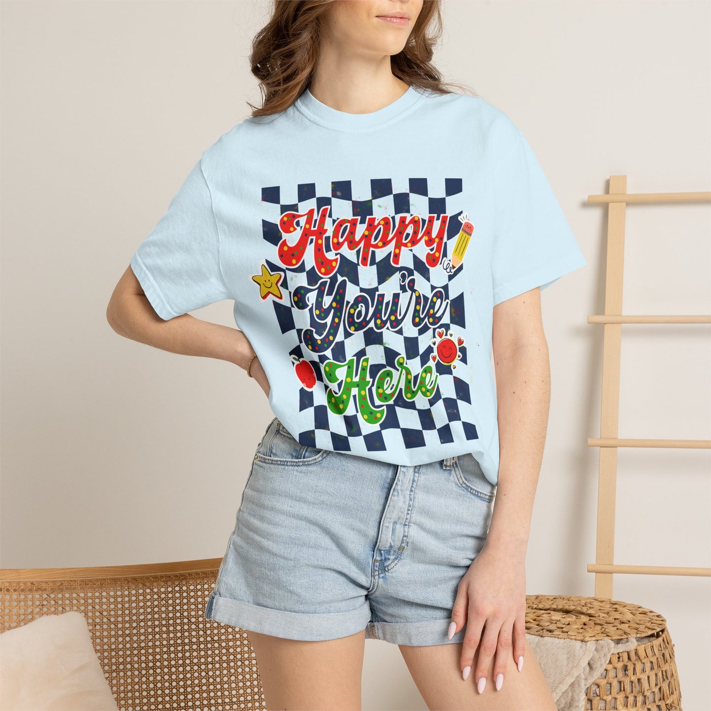 "Happy You're Here" Primary Colors Checkerboard T-Shirt | Retro Doodle Graphics - Unisex regular fit, round neck, short sleeve, cotton, printed, casual