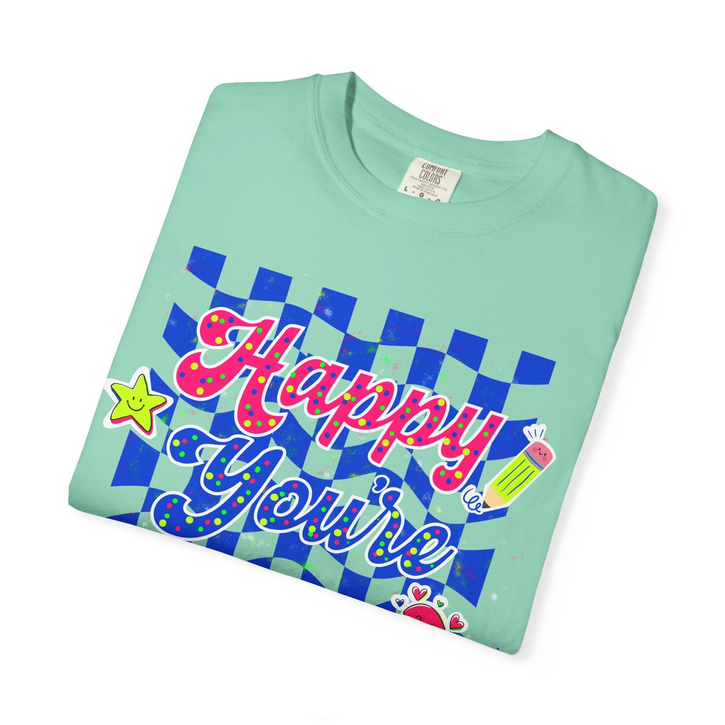 "Happy You're Here" Neon Colors Checkerboard T-Shirt | Retro Doodle Graphics - Unisex regular fit, round neck, short sleeve, cotton, printed, casual