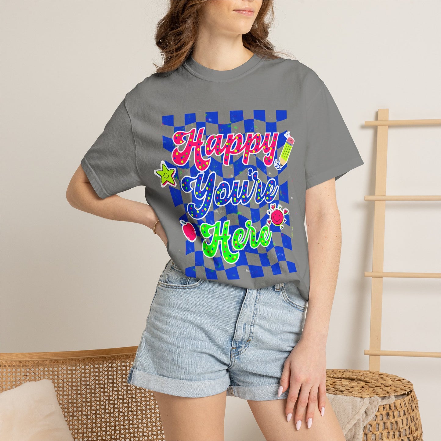 "Happy You're Here" Neon Colors Checkerboard T-Shirt | Retro Doodle Graphics - Unisex regular fit, round neck, short sleeve, cotton, printed, casual