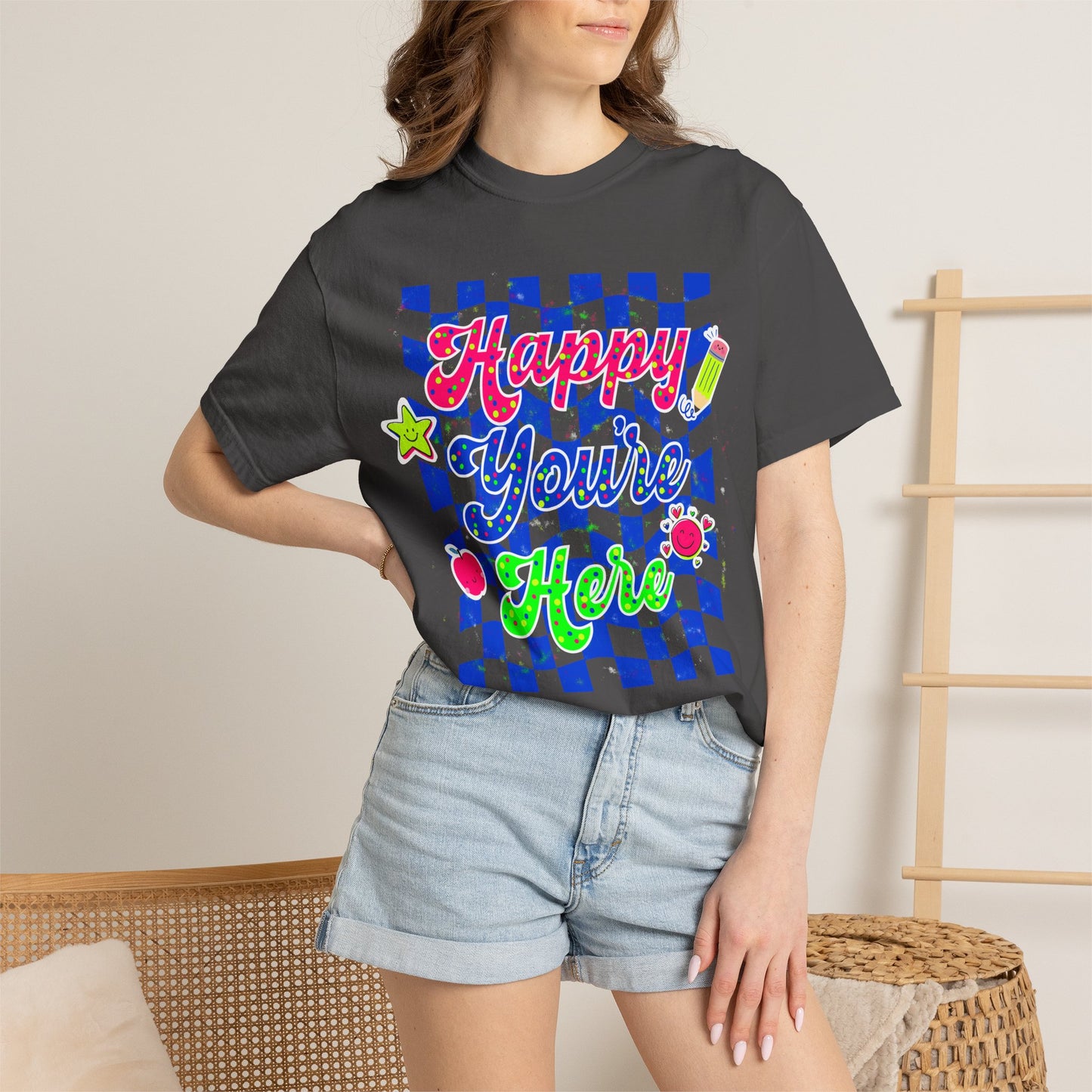 "Happy You're Here" Neon Colors Checkerboard T-Shirt | Retro Doodle Graphics - Unisex regular fit, round neck, short sleeve, cotton, printed, casual
