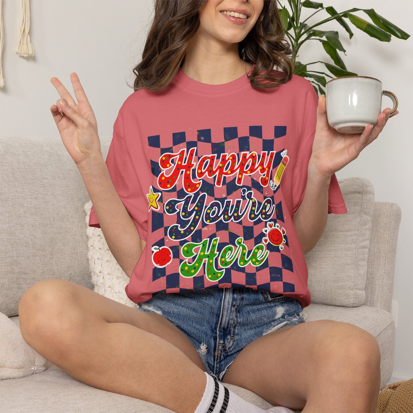 "Happy You're Here" Primary Colors Checkerboard T-Shirt | Retro Doodle Graphics - Unisex regular fit, round neck, short sleeve, cotton, printed, casual