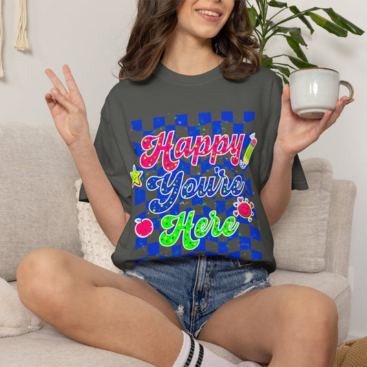 "Happy You're Here" Neon Colors Checkerboard T-Shirt | Retro Doodle Graphics - Unisex regular fit, round neck, short sleeve, cotton, printed, casual