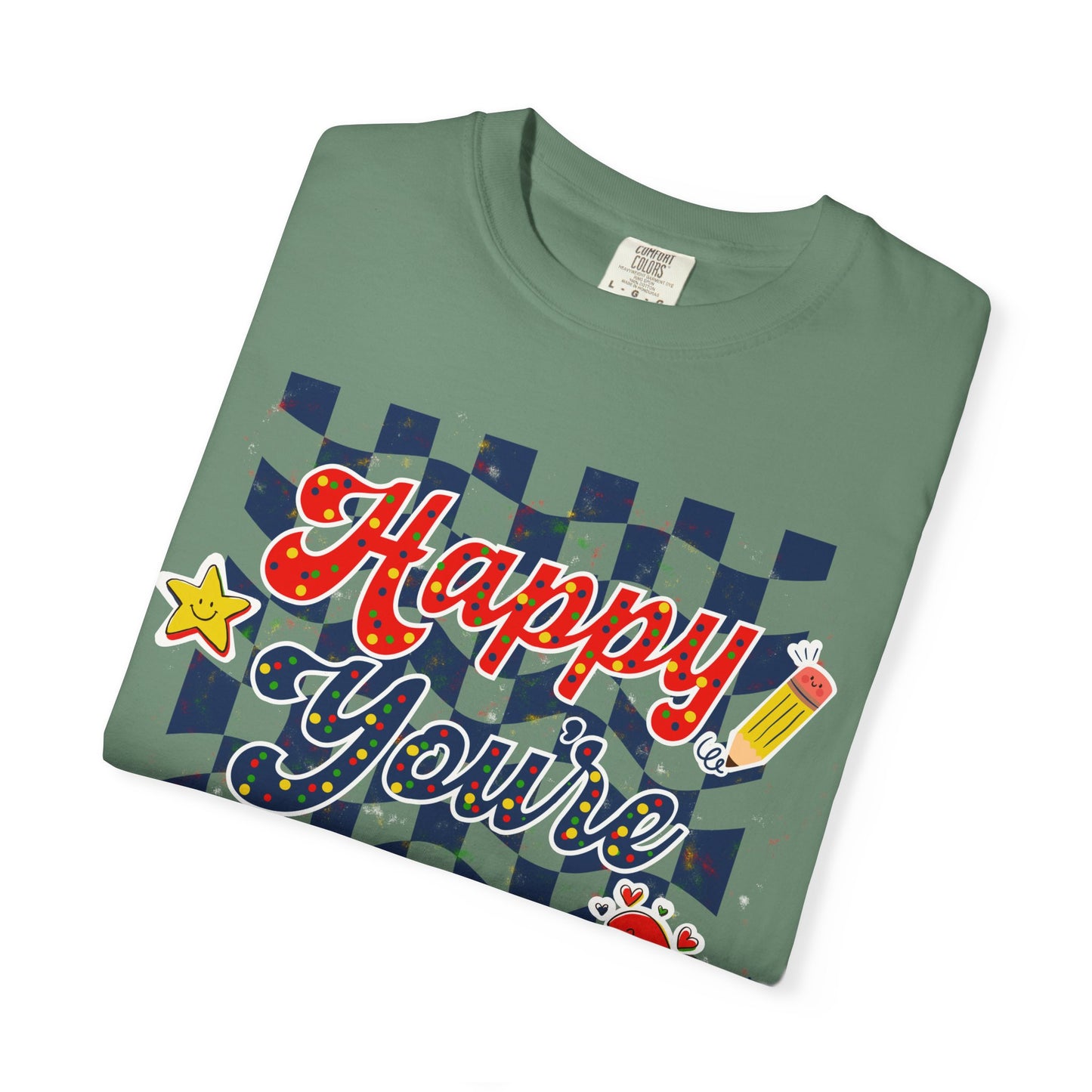 "Happy You're Here" Primary Colors Checkerboard T-Shirt | Retro Doodle Graphics - Unisex regular fit, round neck, short sleeve, cotton, printed, casual