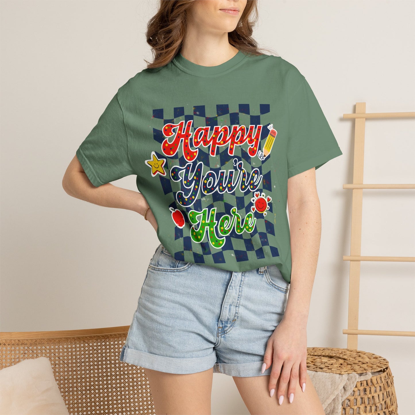 "Happy You're Here" Primary Colors Checkerboard T-Shirt | Retro Doodle Graphics - Unisex regular fit, round neck, short sleeve, cotton, printed, casual