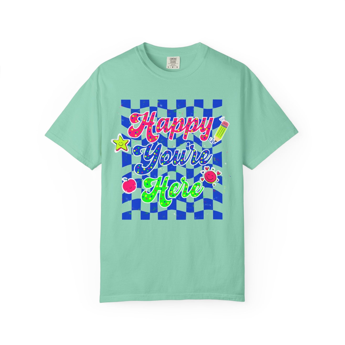 "Happy You're Here" Neon Colors Checkerboard T-Shirt | Retro Doodle Graphics - Unisex regular fit, round neck, short sleeve, cotton, printed, casual