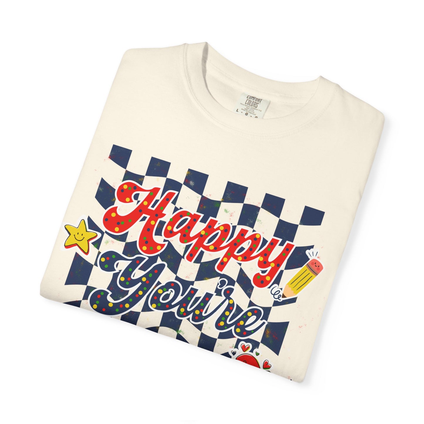 "Happy You're Here" Primary Colors Checkerboard T-Shirt | Retro Doodle Graphics - Unisex regular fit, round neck, short sleeve, cotton, printed, casual