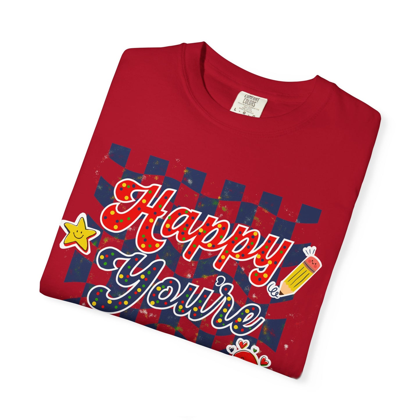 "Happy You're Here" Primary Colors Checkerboard T-Shirt | Retro Doodle Graphics - Unisex regular fit, round neck, short sleeve, cotton, printed, casual