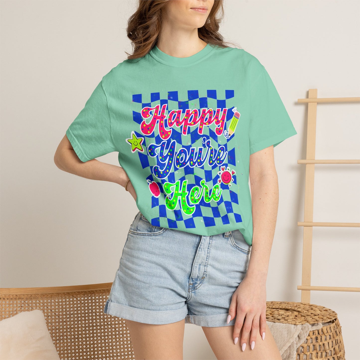 "Happy You're Here" Neon Colors Checkerboard T-Shirt | Retro Doodle Graphics - Unisex regular fit, round neck, short sleeve, cotton, printed, casual