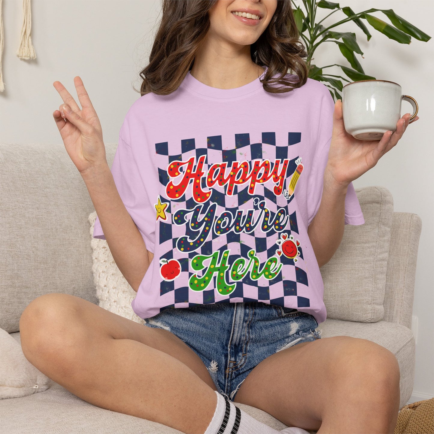 "Happy You're Here" Primary Colors Checkerboard T-Shirt | Retro Doodle Graphics - Unisex regular fit, round neck, short sleeve, cotton, printed, casual