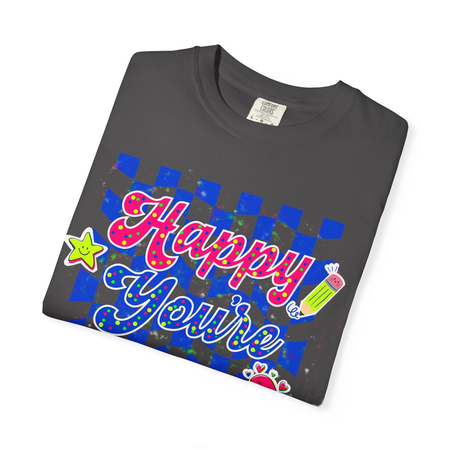 "Happy You're Here" Neon Colors Checkerboard T-Shirt | Retro Doodle Graphics - Unisex regular fit, round neck, short sleeve, cotton, printed, casual