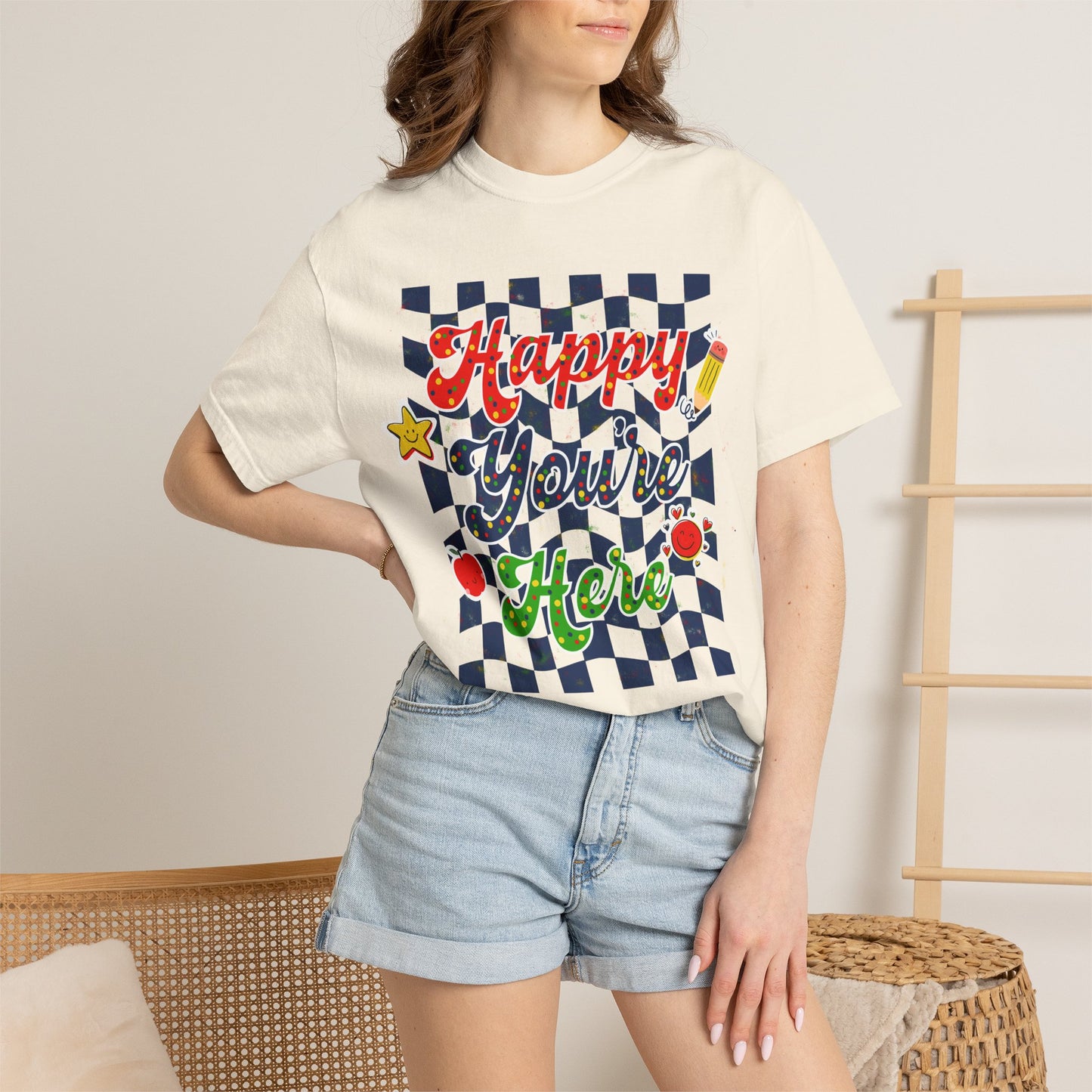"Happy You're Here" Primary Colors Checkerboard T-Shirt | Retro Doodle Graphics - Unisex regular fit, round neck, short sleeve, cotton, printed, casual