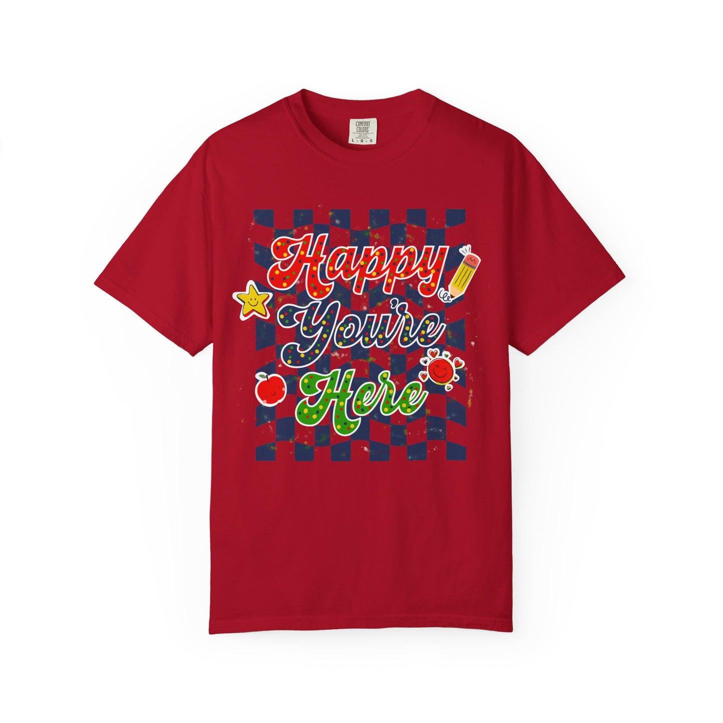 "Happy You're Here" Primary Colors Checkerboard T-Shirt | Retro Doodle Graphics - Unisex regular fit, round neck, short sleeve, cotton, printed, casual