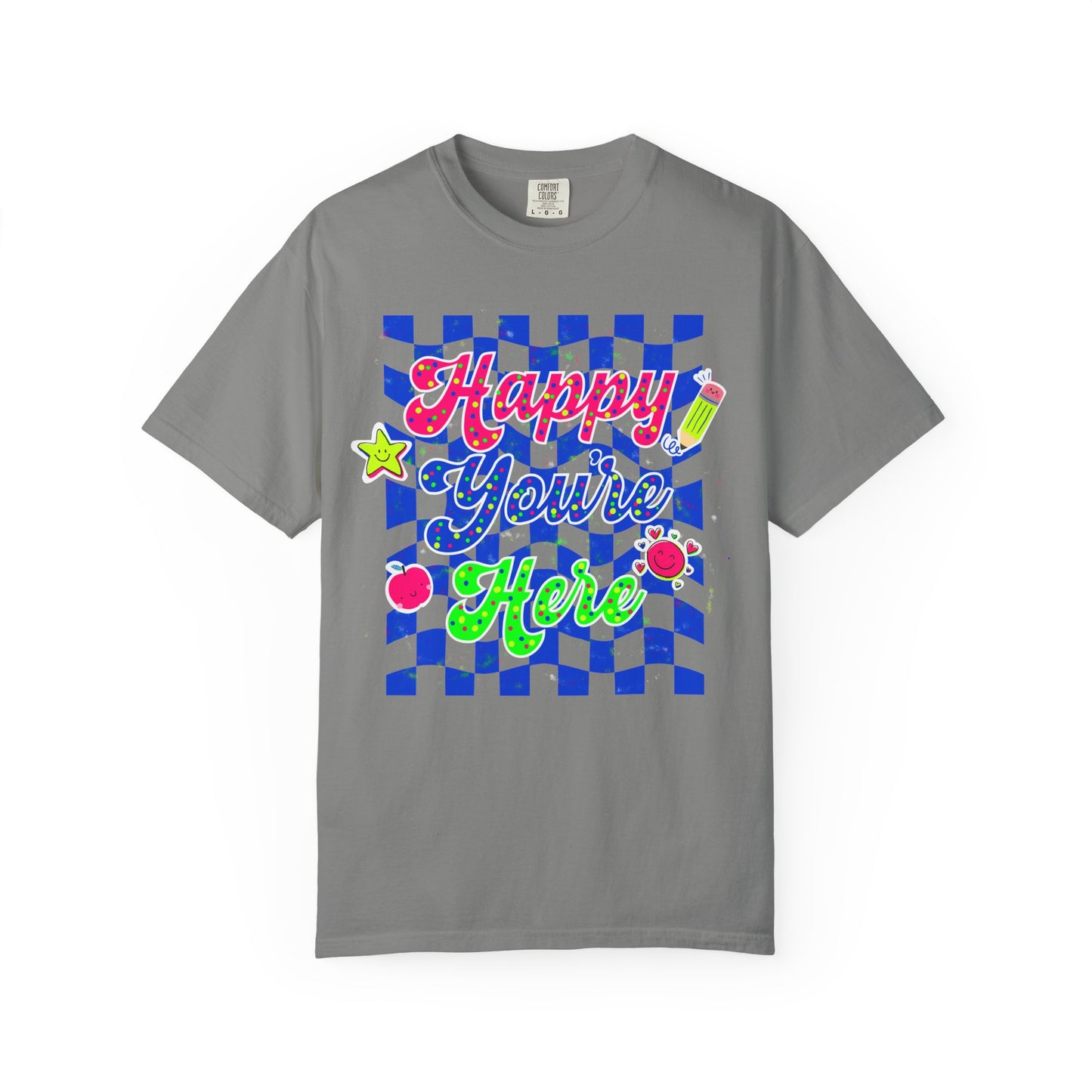 "Happy You're Here" Neon Colors Checkerboard T-Shirt | Retro Doodle Graphics - Unisex regular fit, round neck, short sleeve, cotton, printed, casual