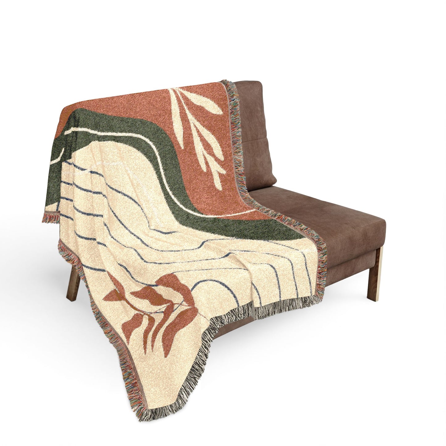 Mid Century Abstract Botanical Woven Blanket — Earth Tone Decorative Throw