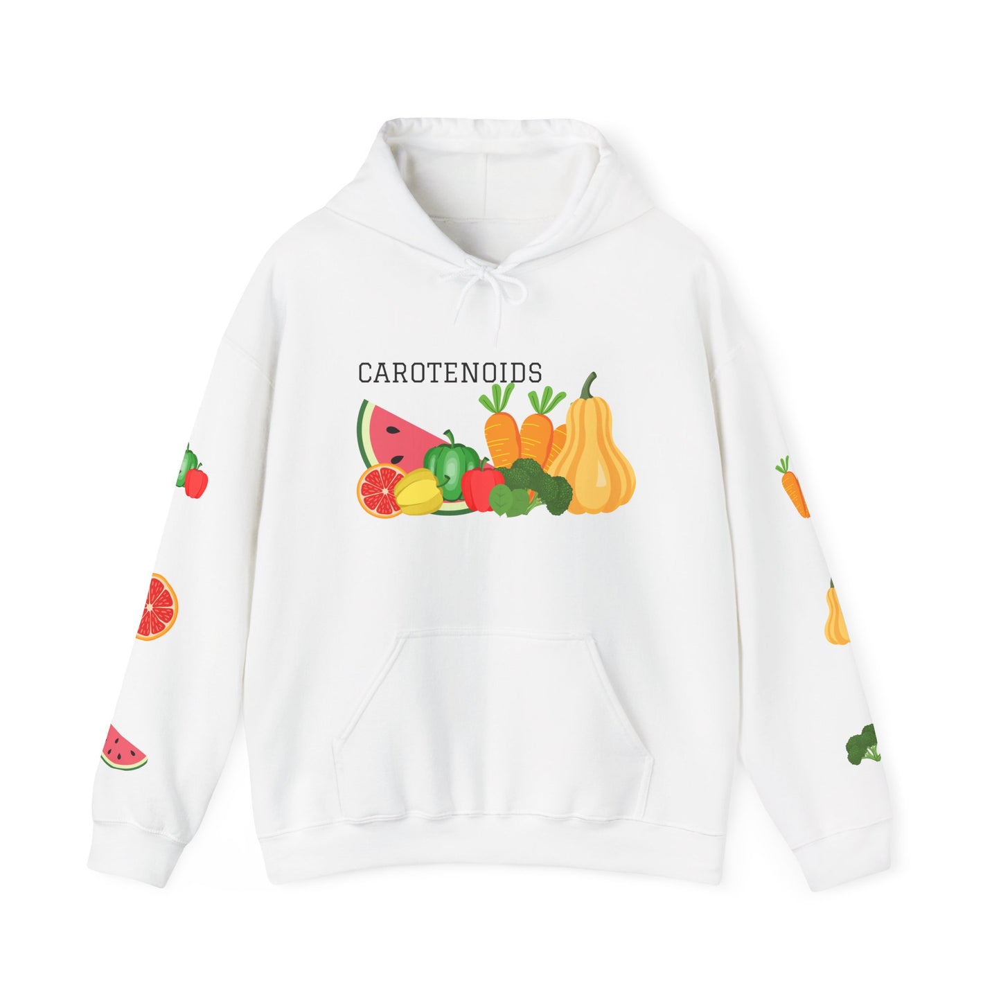 White hoodie with colorful fruit and vegetable graphics on a white background
