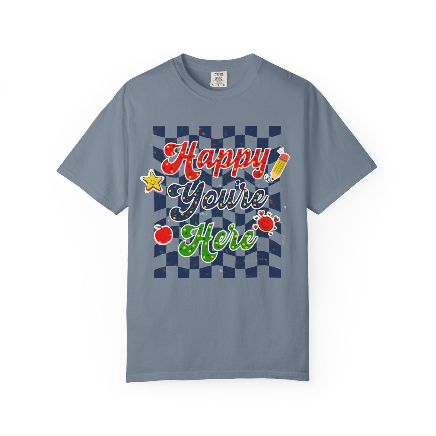 "Happy You're Here" Primary Colors Checkerboard T-Shirt | Retro Doodle Graphics - Unisex regular fit, round neck, short sleeve, cotton, printed, casual