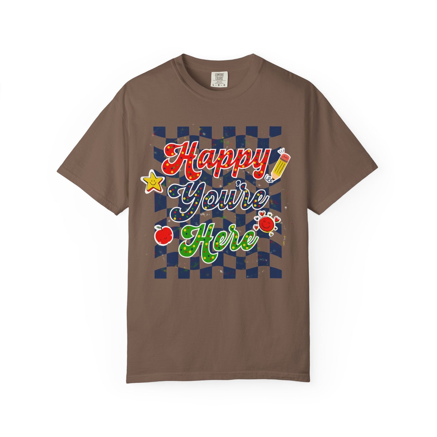 "Happy You're Here" Primary Colors Checkerboard T-Shirt | Retro Doodle Graphics - Unisex regular fit, round neck, short sleeve, cotton, printed, casual