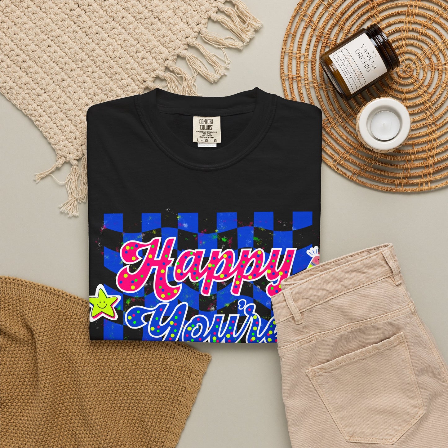 "Happy You're Here" Neon Colors Checkerboard T-Shirt | Retro Doodle Graphics - Unisex regular fit, round neck, short sleeve, cotton, printed, casual