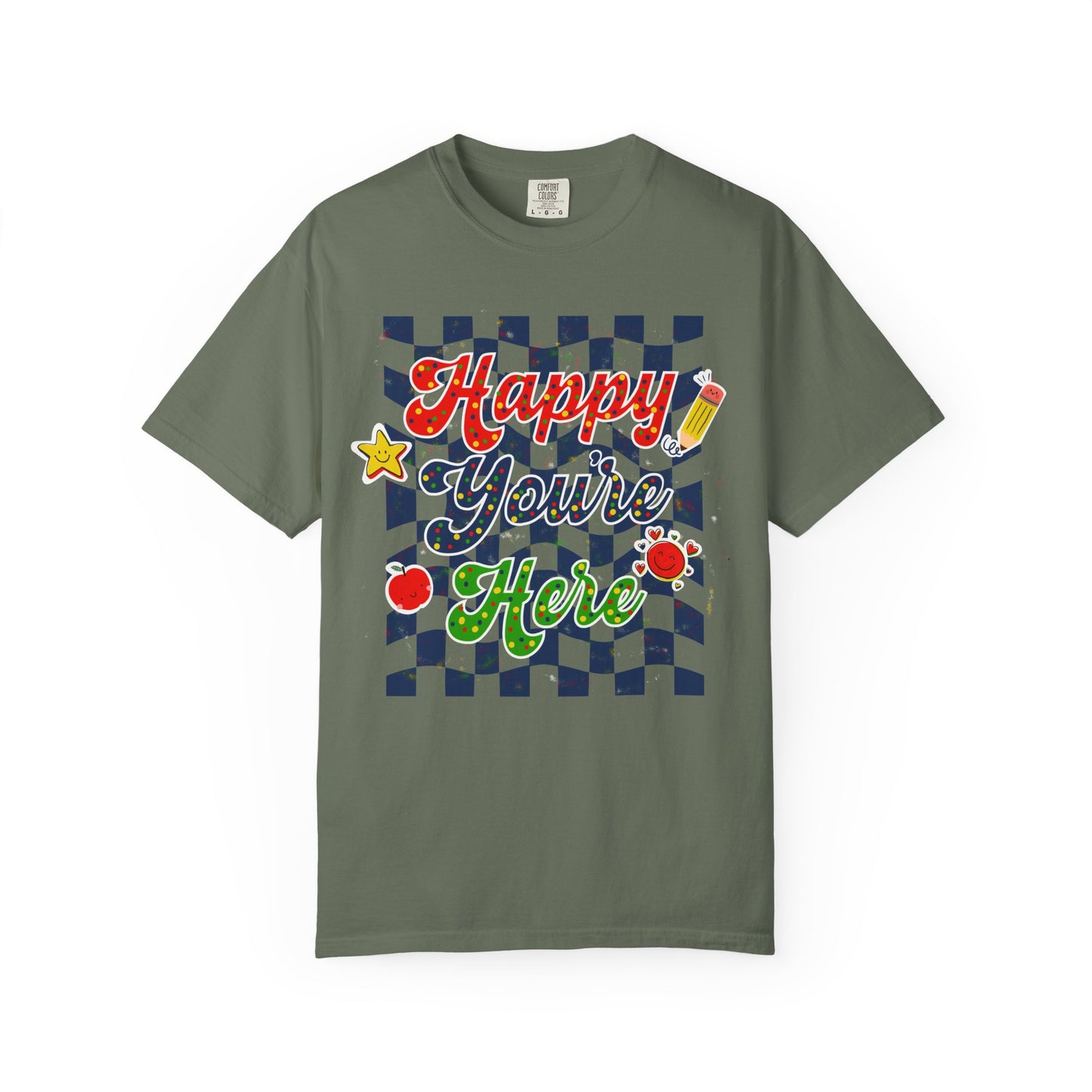 "Happy You're Here" Primary Colors Checkerboard T-Shirt | Retro Doodle Graphics - Unisex regular fit, round neck, short sleeve, cotton, printed, casual