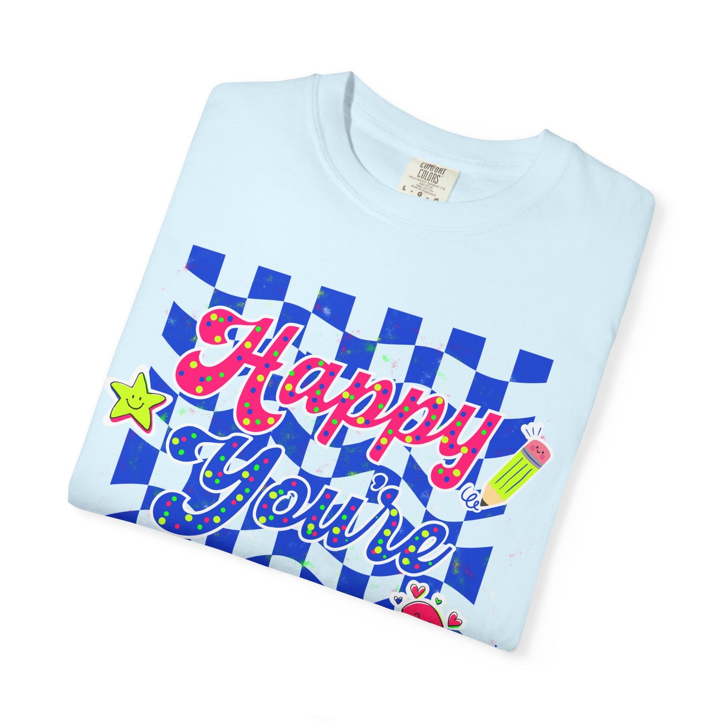 "Happy You're Here" Neon Colors Checkerboard T-Shirt | Retro Doodle Graphics - Unisex regular fit, round neck, short sleeve, cotton, printed, casual