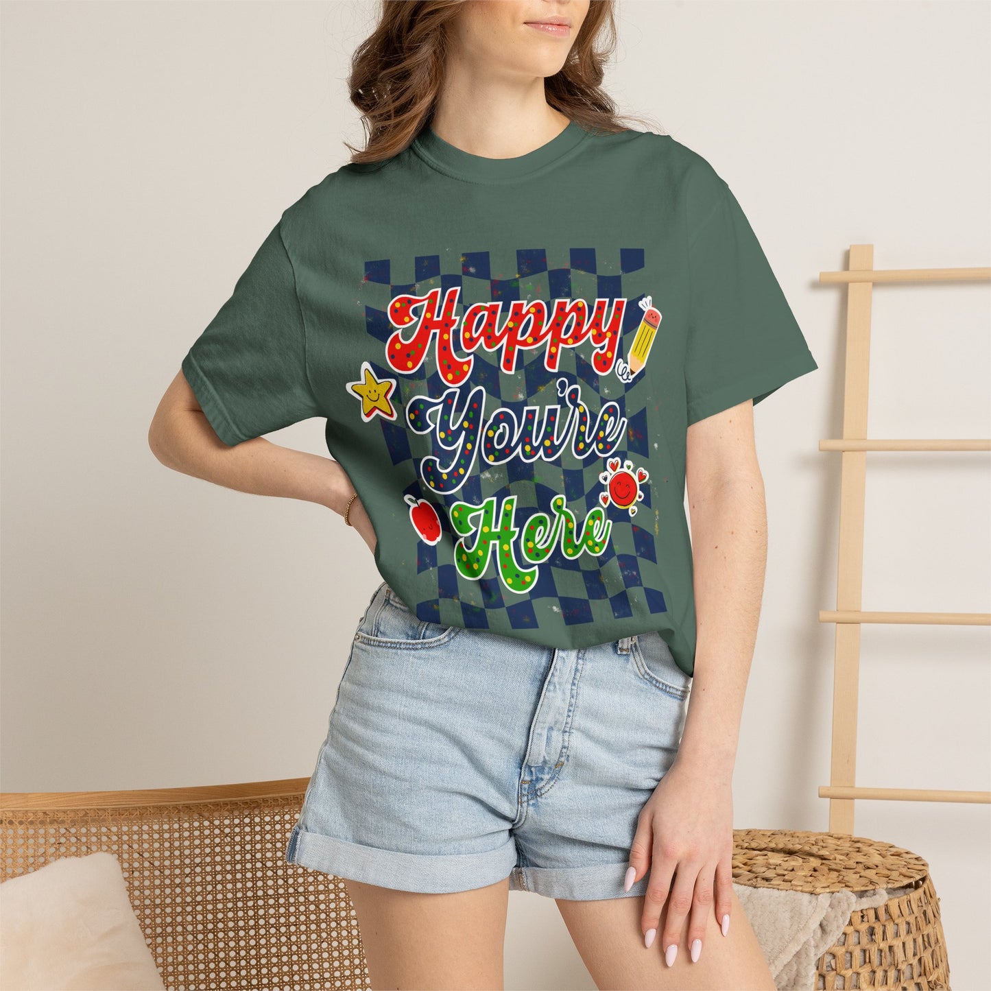 "Happy You're Here" Primary Colors Checkerboard T-Shirt | Retro Doodle Graphics - Unisex regular fit, round neck, short sleeve, cotton, printed, casual