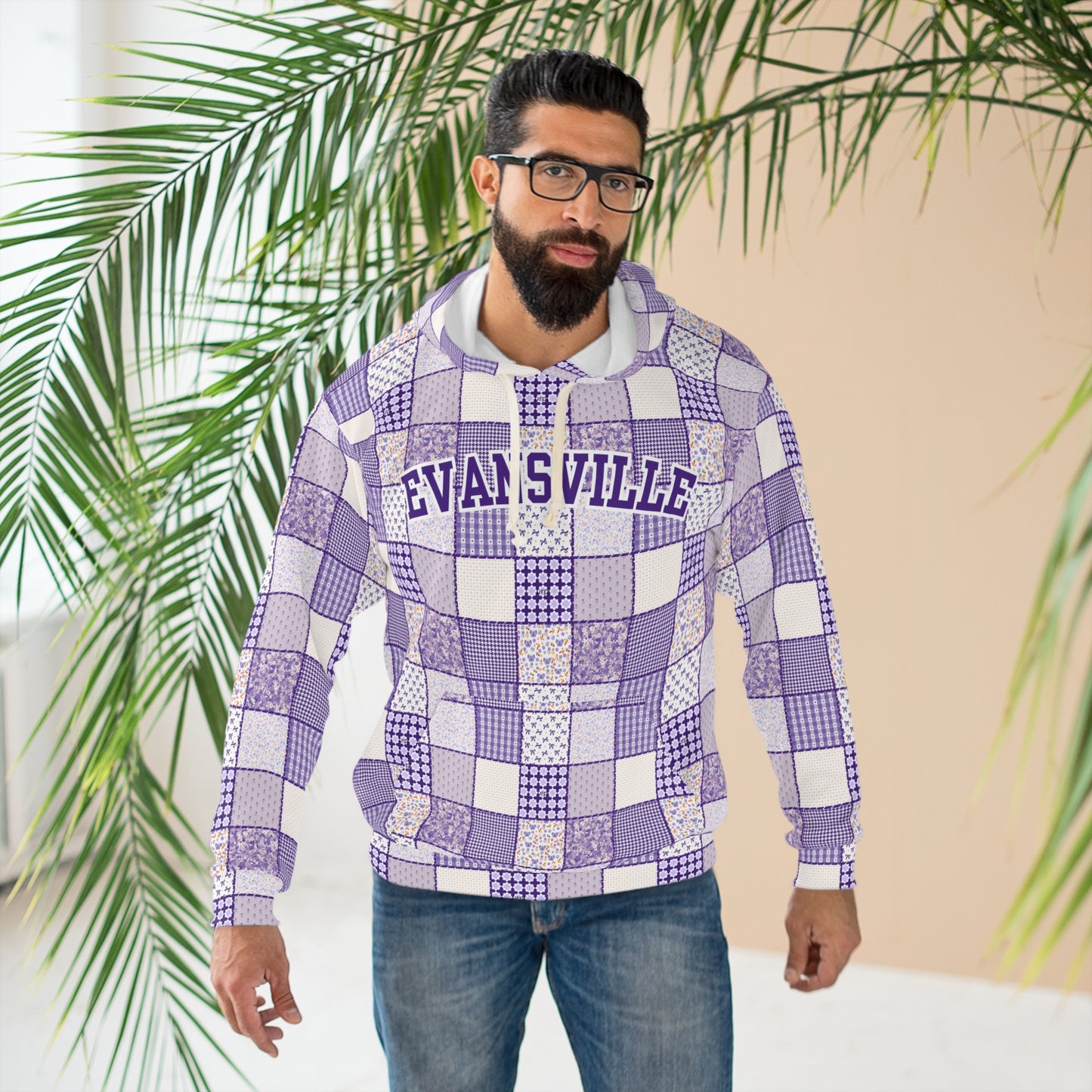 Evansville Purple Patchwork Hoodie - All-Over Print Pullover