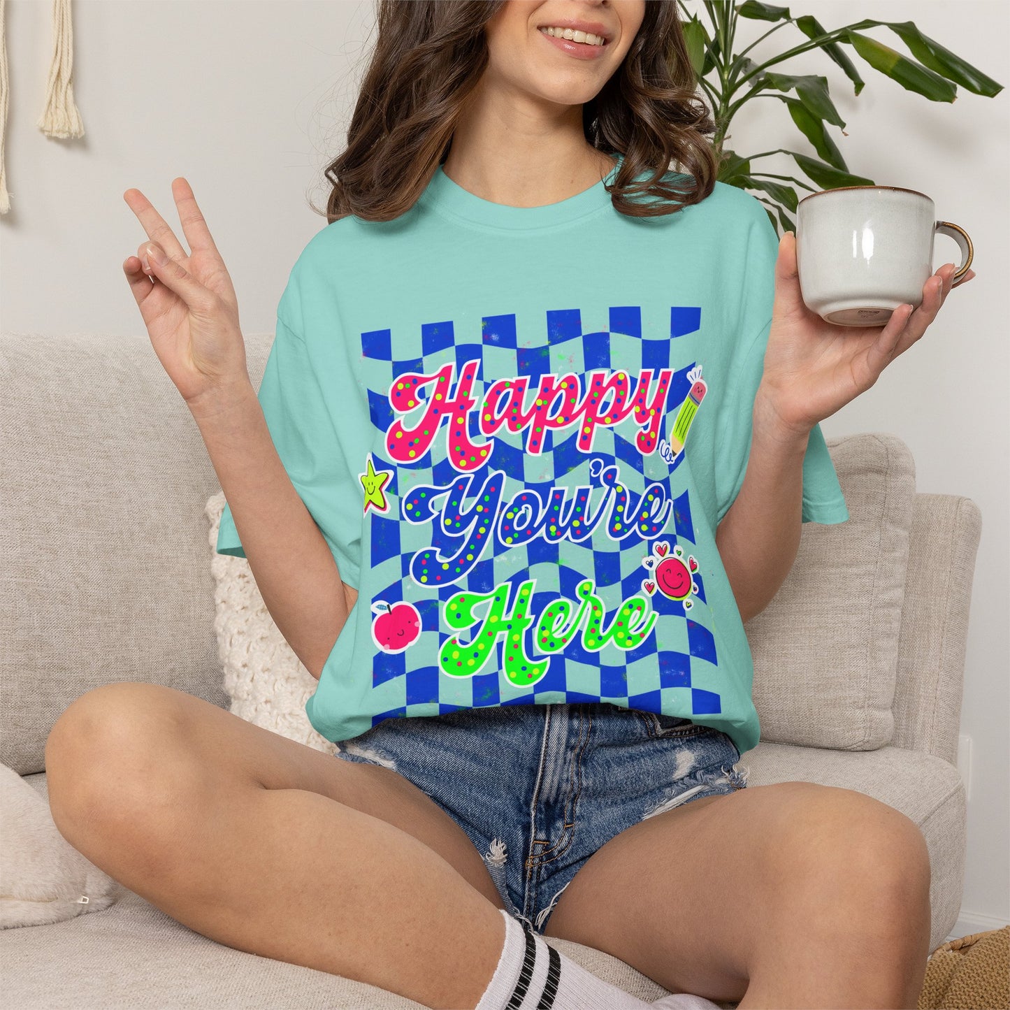 "Happy You're Here" Neon Colors Checkerboard T-Shirt | Retro Doodle Graphics - Unisex regular fit, round neck, short sleeve, cotton, printed, casual