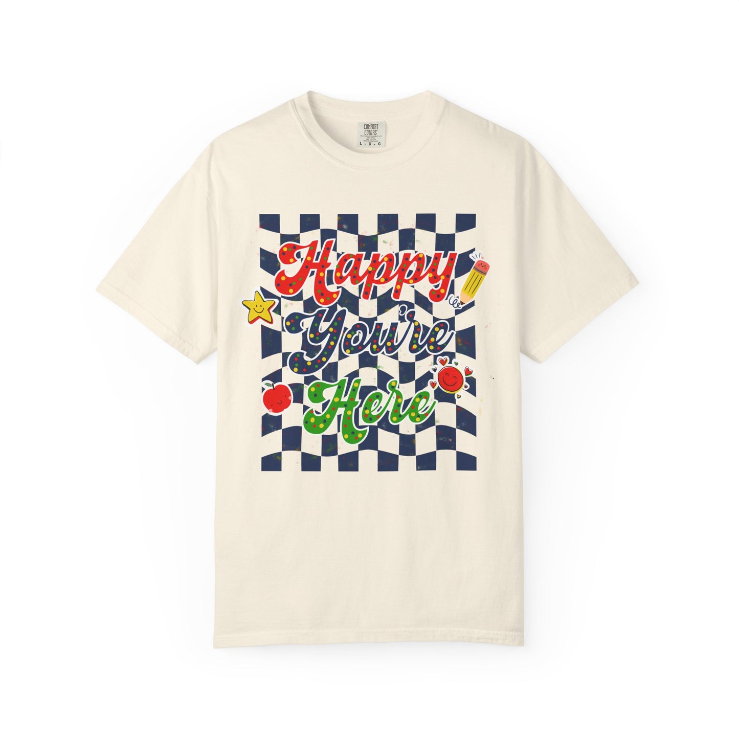 "Happy You're Here" Primary Colors Checkerboard T-Shirt | Retro Doodle Graphics - Unisex regular fit, round neck, short sleeve, cotton, printed, casual