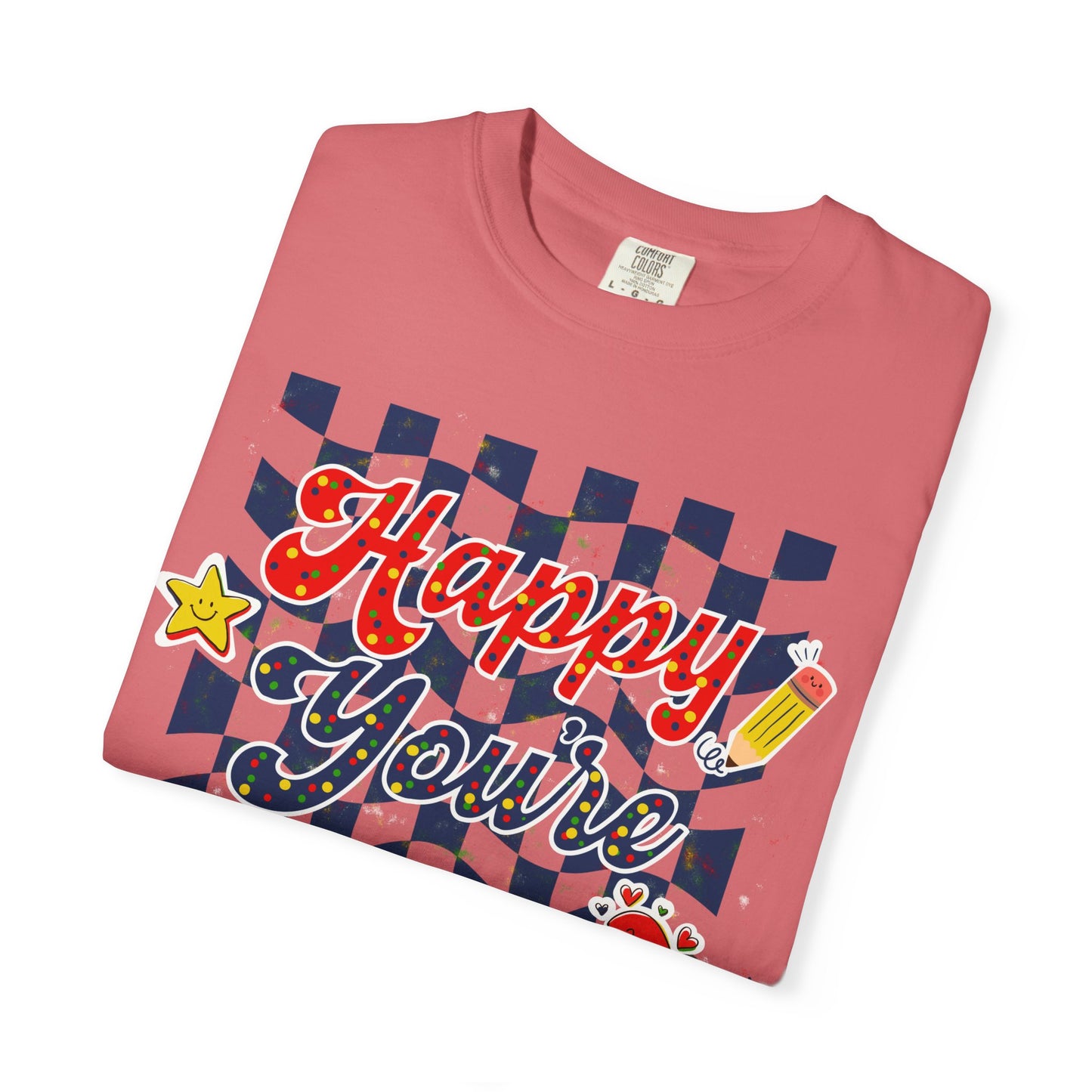 "Happy You're Here" Primary Colors Checkerboard T-Shirt | Retro Doodle Graphics - Unisex regular fit, round neck, short sleeve, cotton, printed, casual