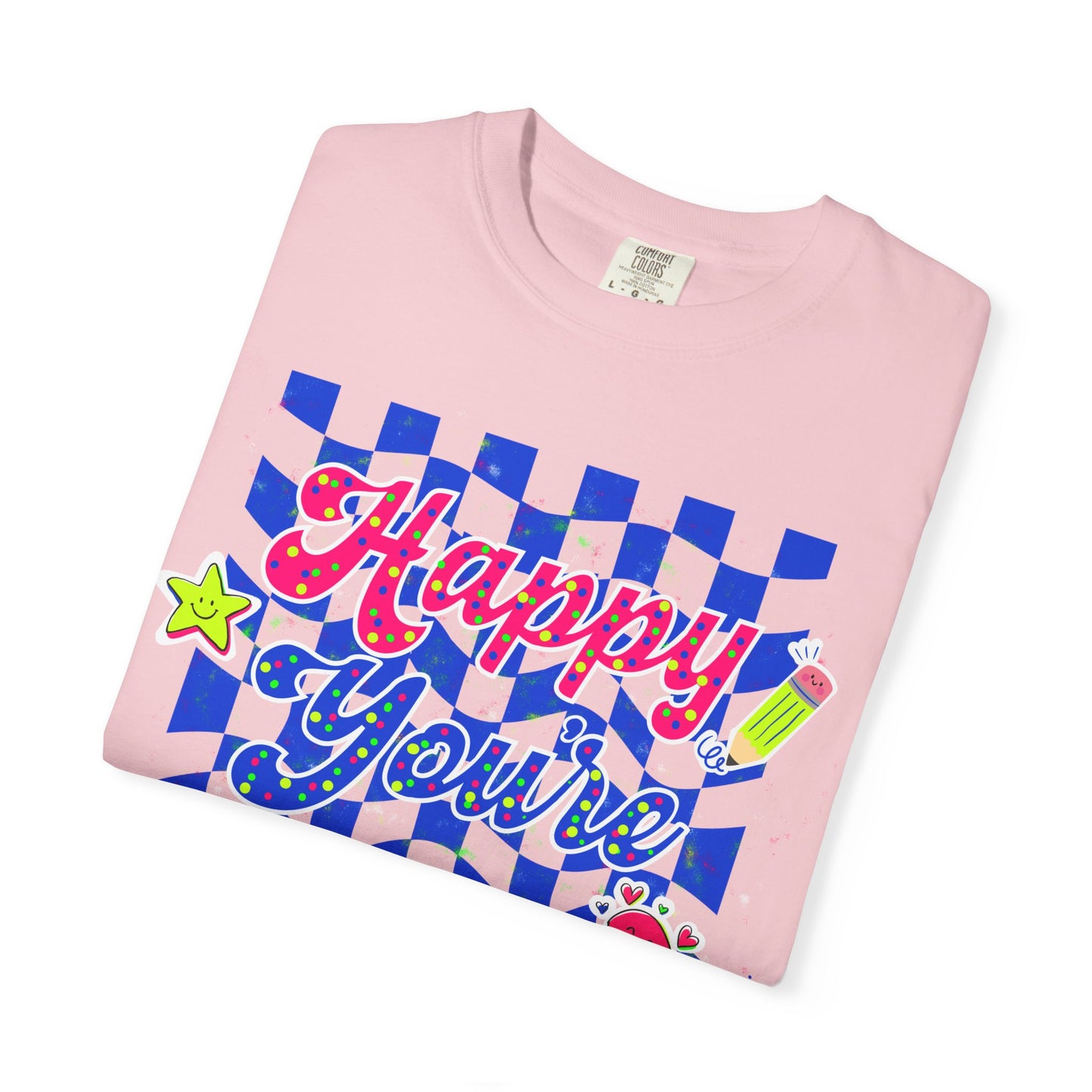 "Happy You're Here" Neon Colors Checkerboard T-Shirt | Retro Doodle Graphics - Unisex regular fit, round neck, short sleeve, cotton, printed, casual