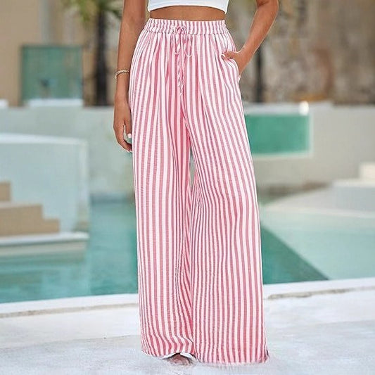 Striped Printed Drawstring Slant Pockets Wide Leg Pants