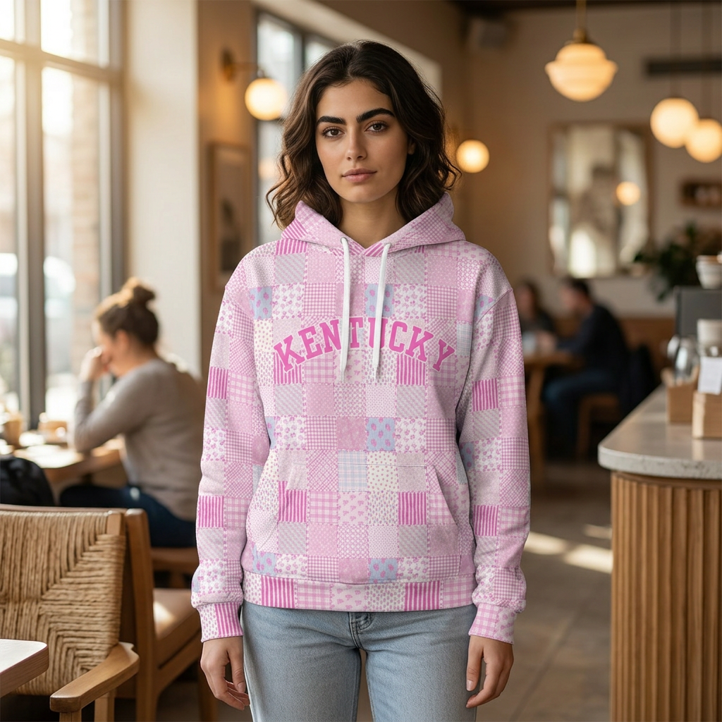 Pink Patchwork Kentucky Hoodie – Cozy State Pride Pullover