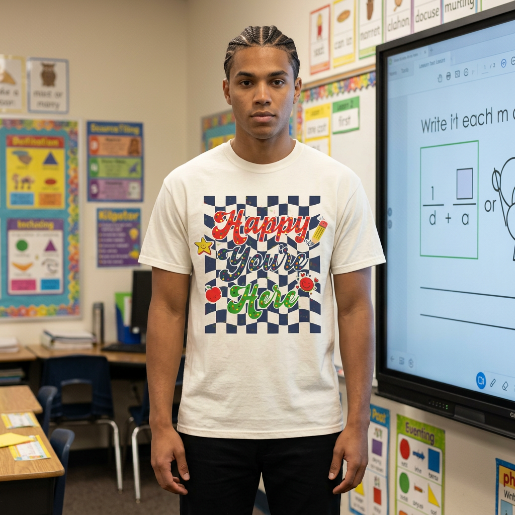 "Happy You're Here" Primary Colors Checkerboard T-Shirt | Retro Doodle Graphics - Unisex regular fit, round neck, short sleeve, cotton, printed, casual
