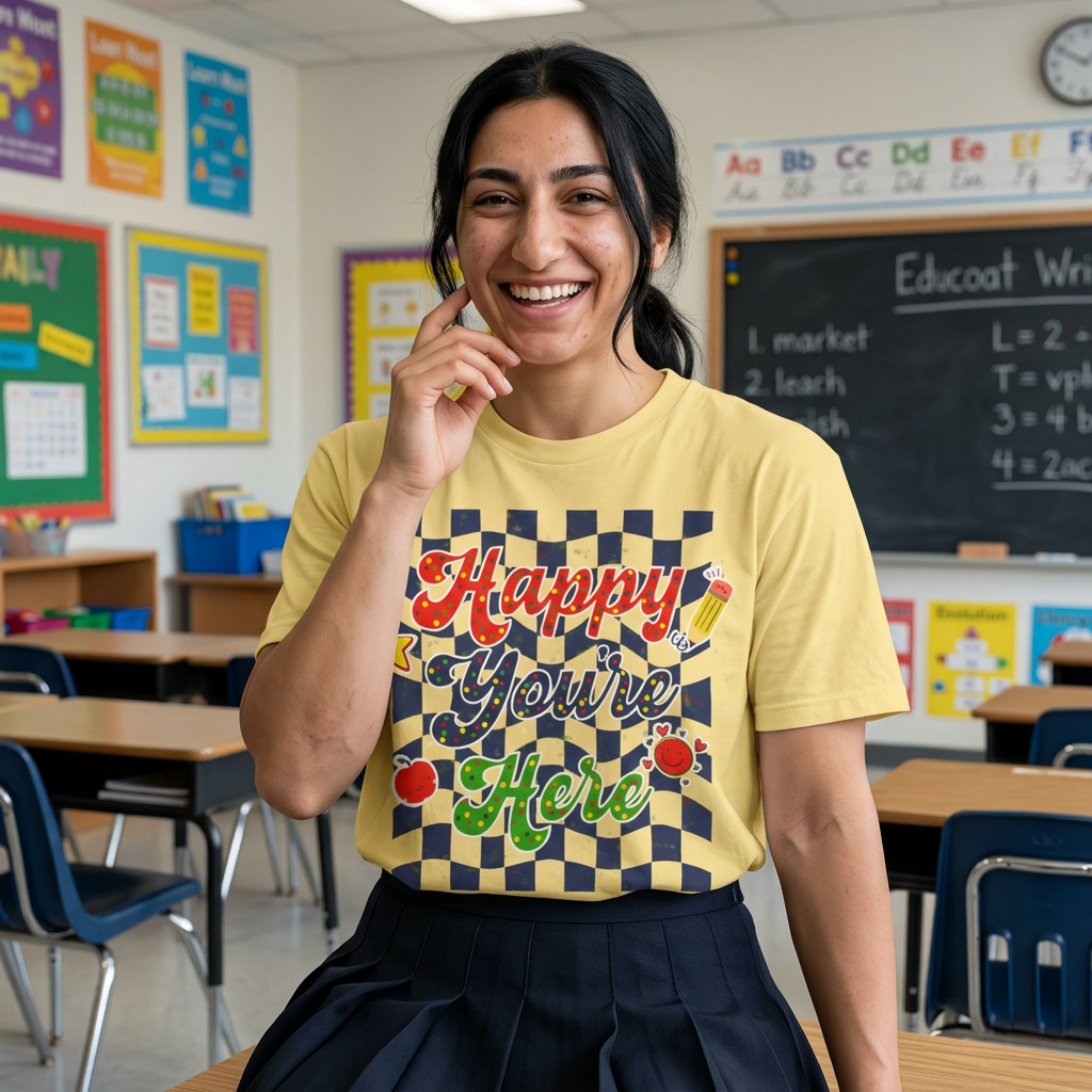 "Happy You're Here" Primary Colors Checkerboard T-Shirt | Retro Doodle Graphics - Unisex regular fit, round neck, short sleeve, cotton, printed, casual