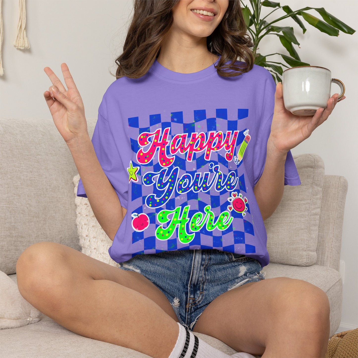 "Happy You're Here" Neon Colors Checkerboard T-Shirt | Retro Doodle Graphics - Unisex regular fit, round neck, short sleeve, cotton, printed, casual