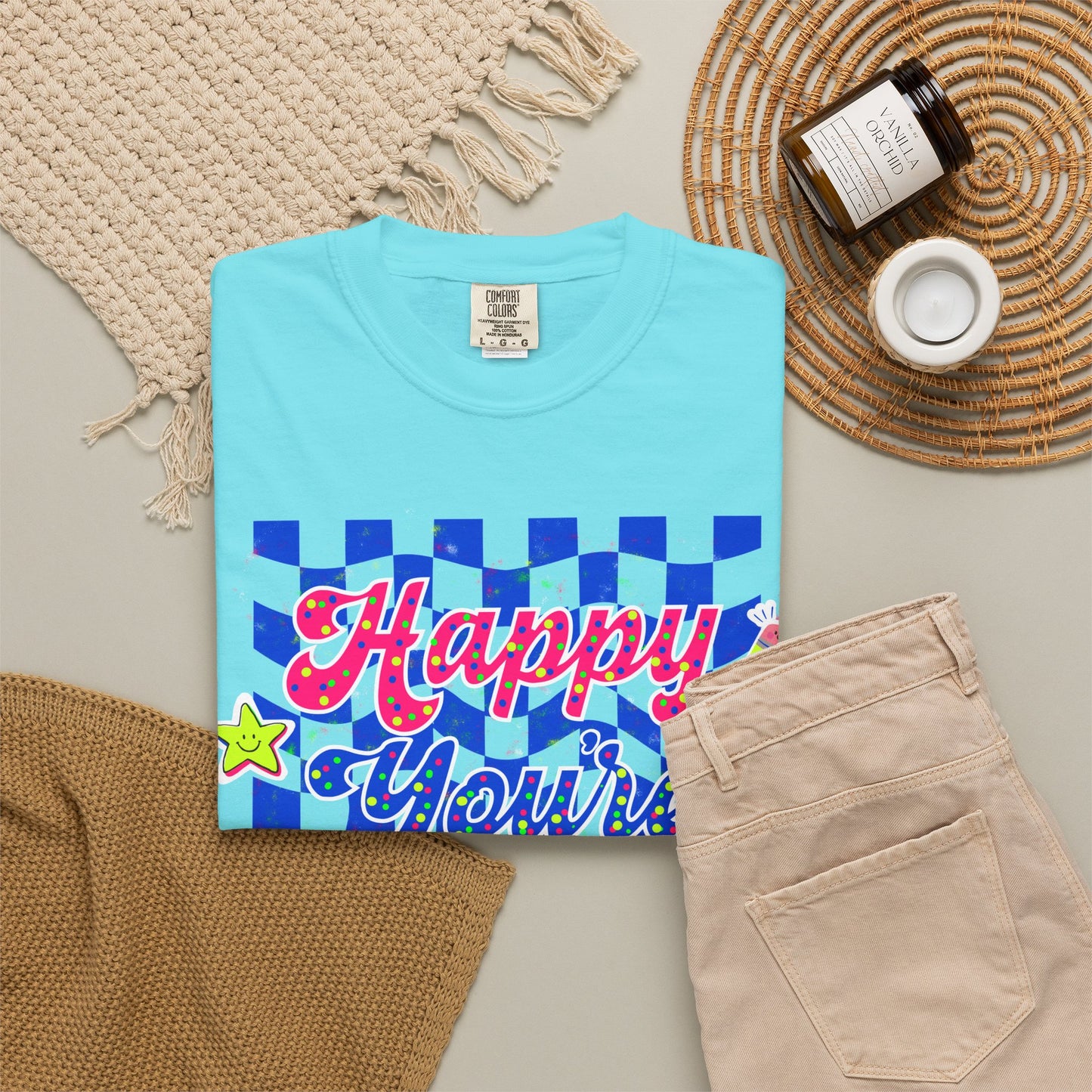 "Happy You're Here" Neon Colors Checkerboard T-Shirt | Retro Doodle Graphics - Unisex regular fit, round neck, short sleeve, cotton, printed, casual