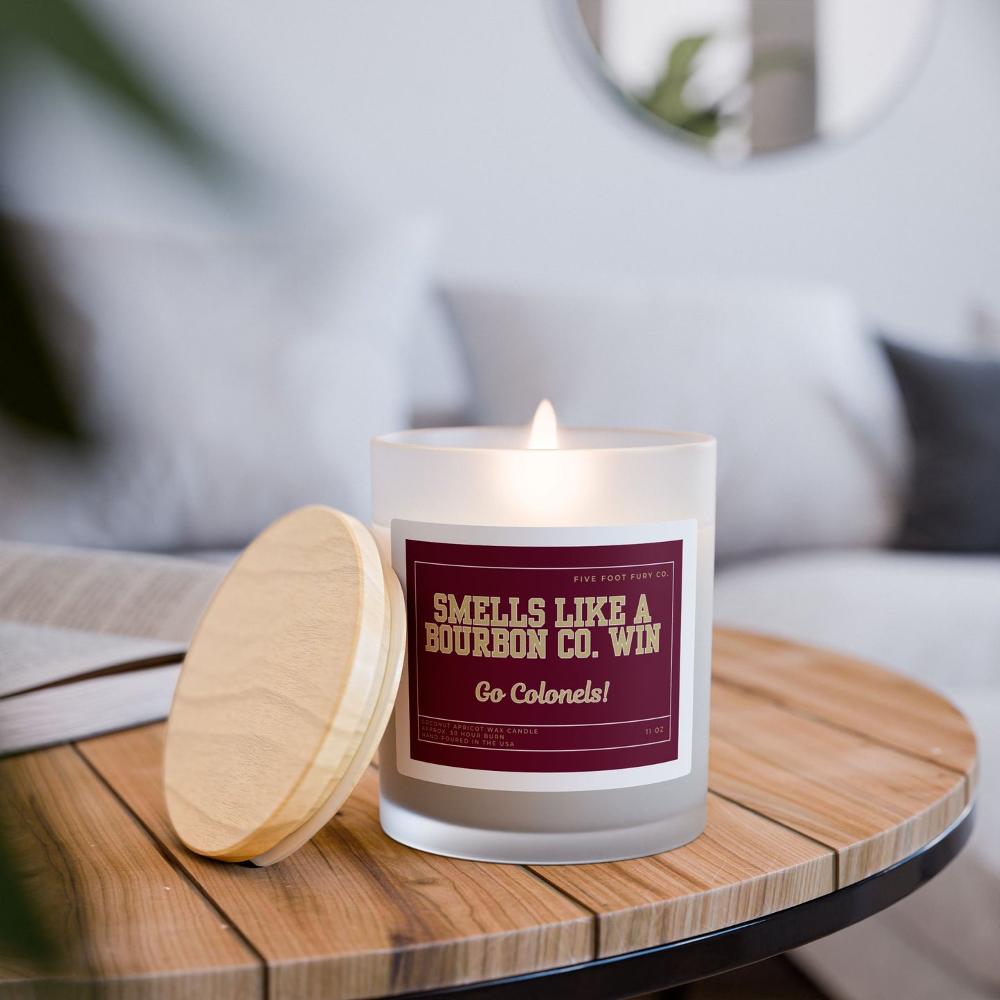 “Smells Like a Bourbon Co. Win” Frosted Glass Candle – 11oz, Go Colonels Scented Candle