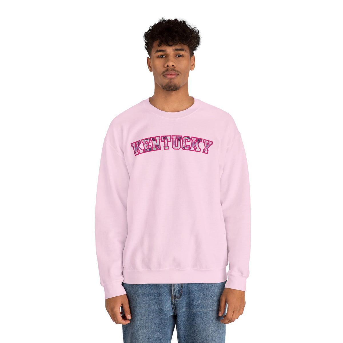 Kentucky Pink Plaid Crewneck Sweatshirt | State Pride, Retro Block Letters