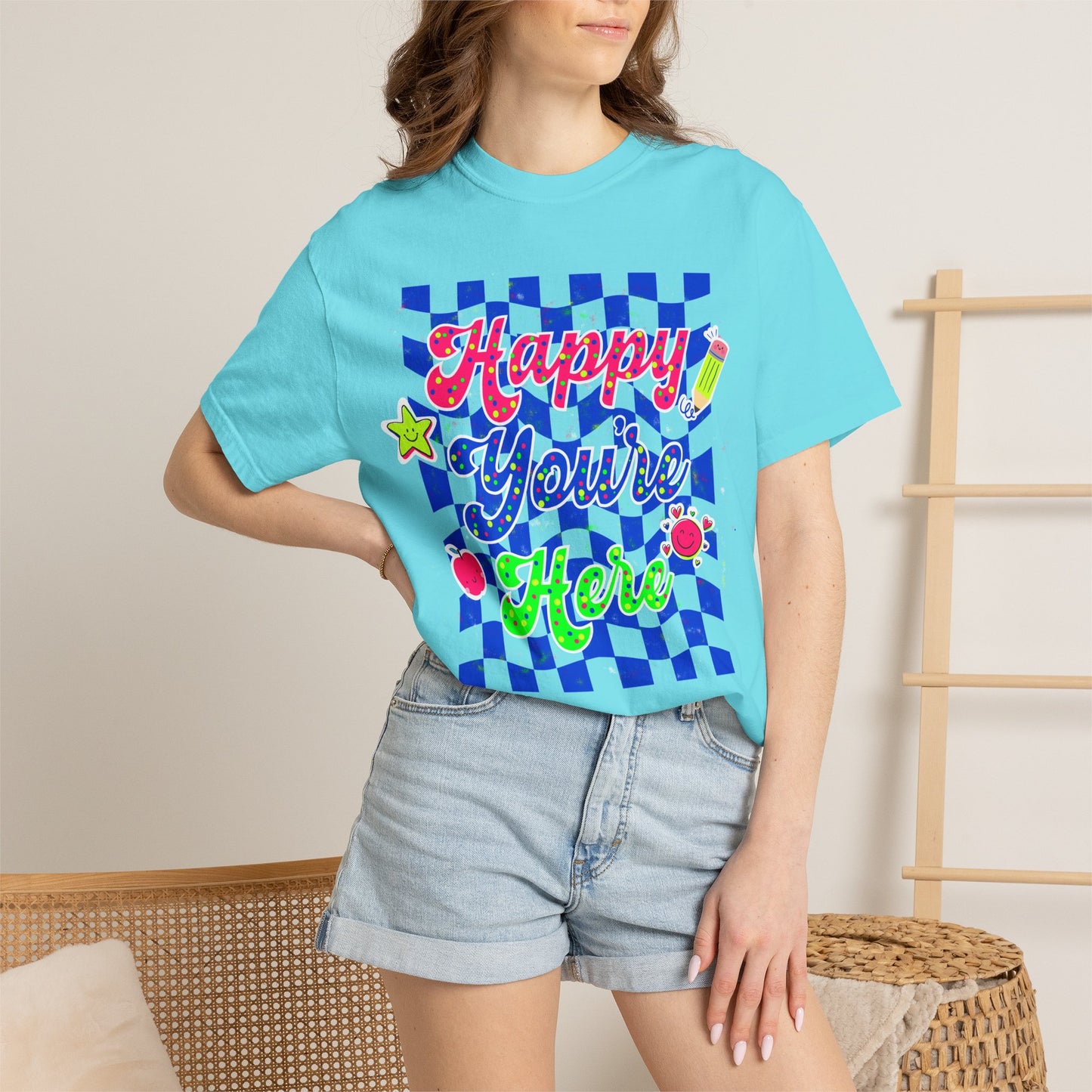 "Happy You're Here" Neon Colors Checkerboard T-Shirt | Retro Doodle Graphics - Unisex regular fit, round neck, short sleeve, cotton, printed, casual
