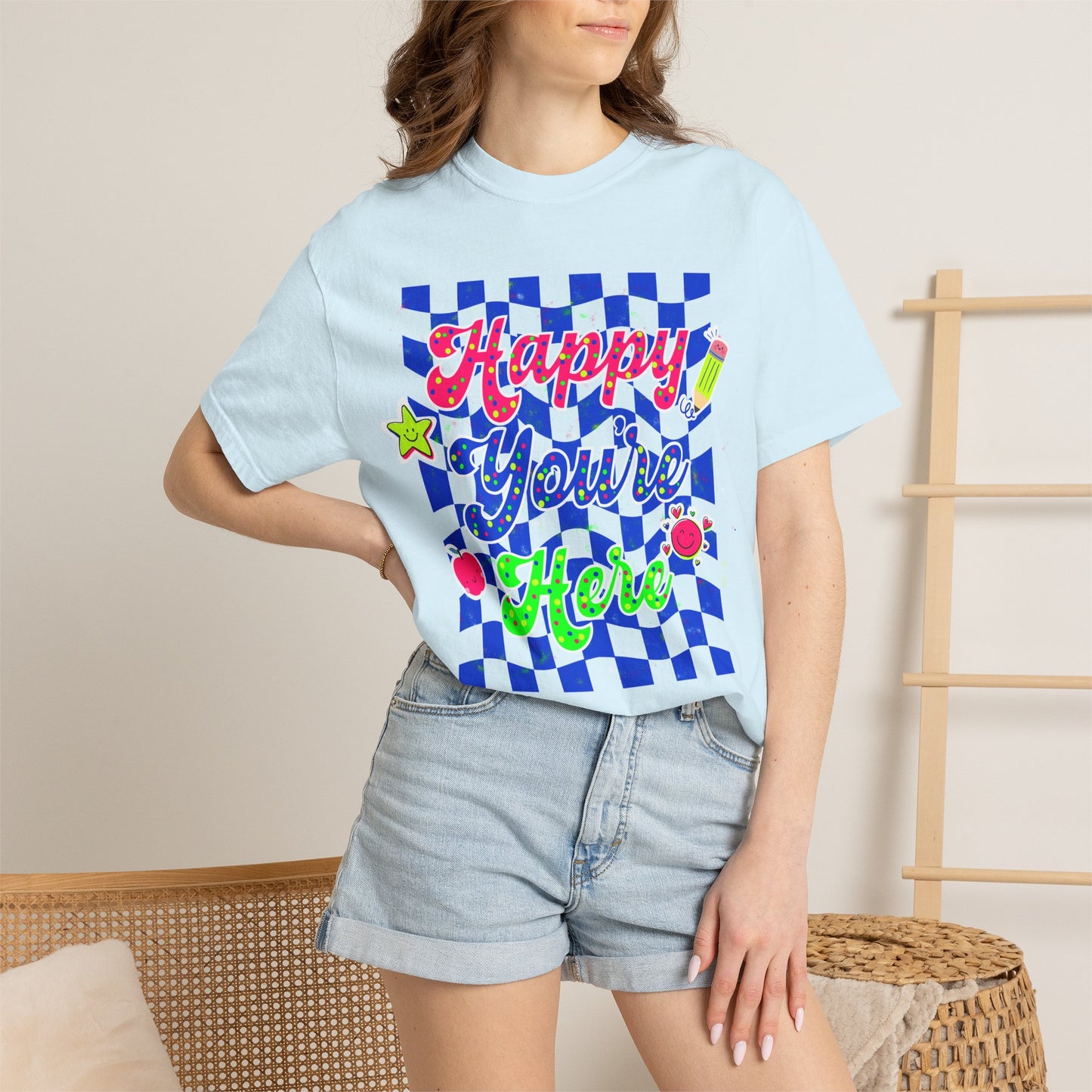 "Happy You're Here" Neon Colors Checkerboard T-Shirt | Retro Doodle Graphics - Unisex regular fit, round neck, short sleeve, cotton, printed, casual