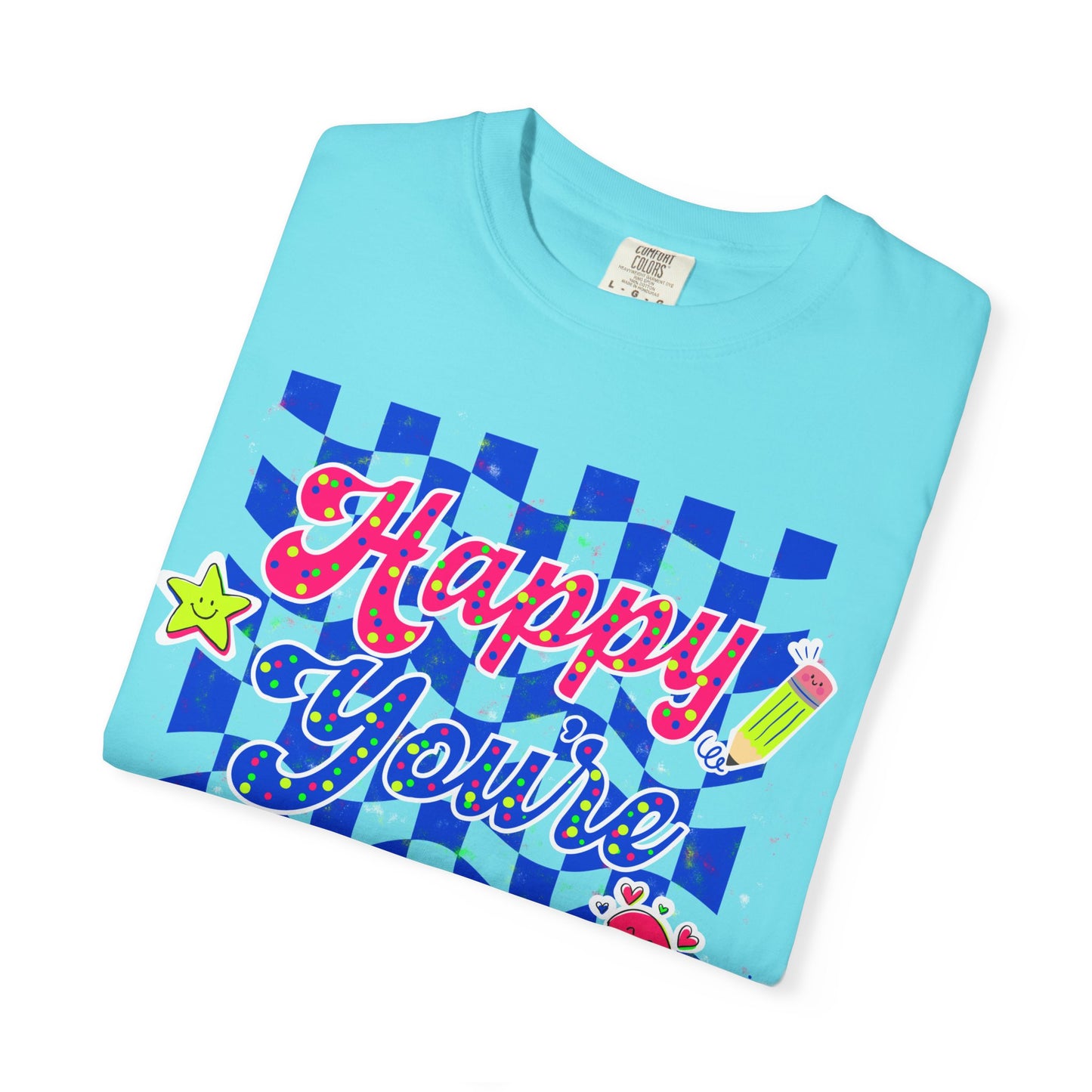 "Happy You're Here" Neon Colors Checkerboard T-Shirt | Retro Doodle Graphics - Unisex regular fit, round neck, short sleeve, cotton, printed, casual