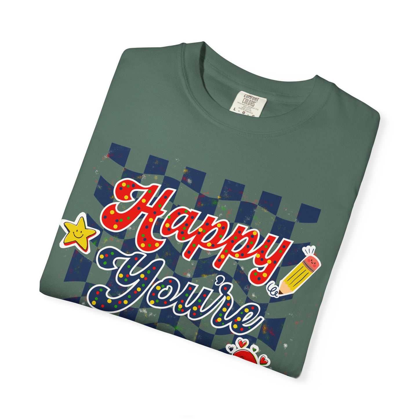 "Happy You're Here" Primary Colors Checkerboard T-Shirt | Retro Doodle Graphics - Unisex regular fit, round neck, short sleeve, cotton, printed, casual