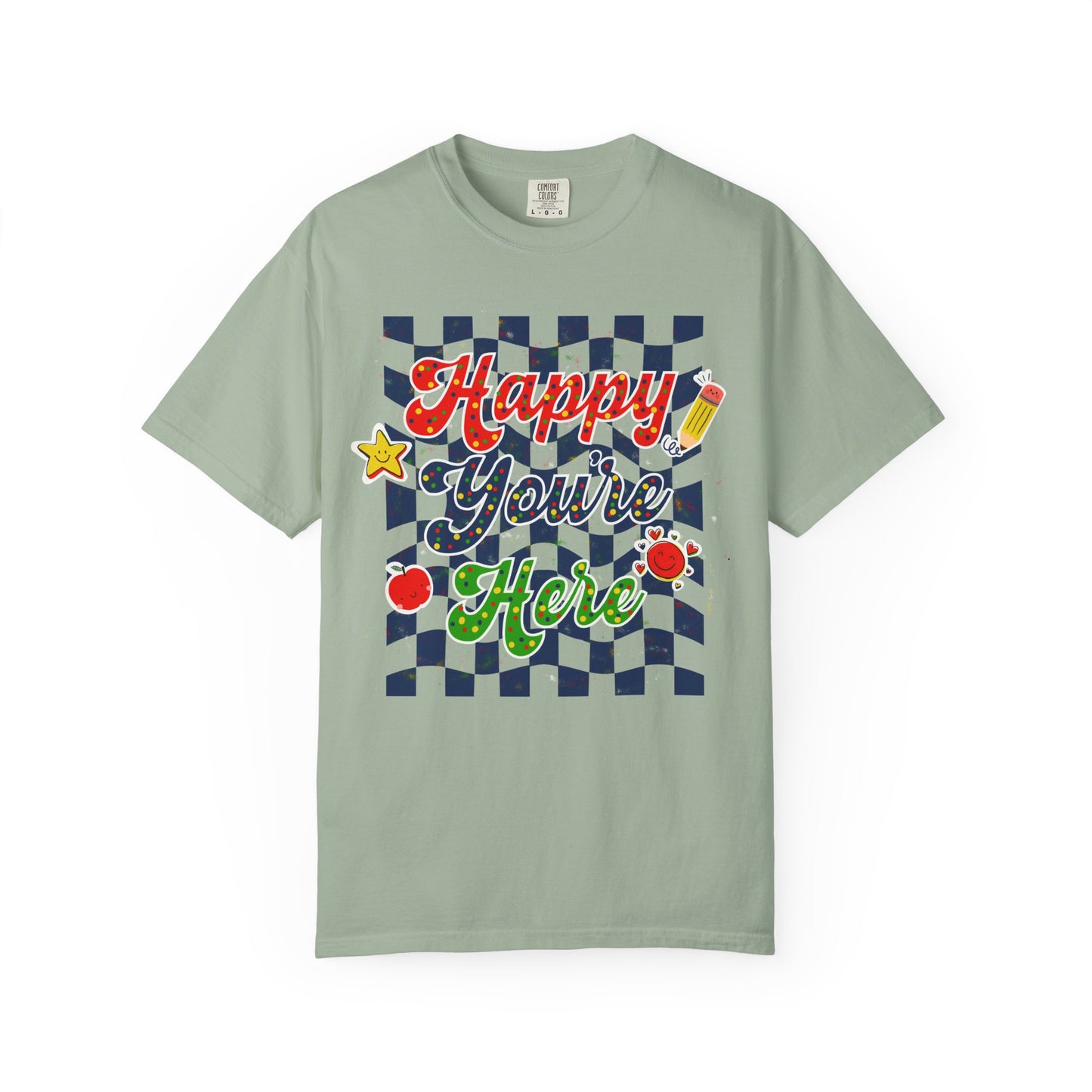 "Happy You're Here" Primary Colors Checkerboard T-Shirt | Retro Doodle Graphics - Unisex regular fit, round neck, short sleeve, cotton, printed, casual