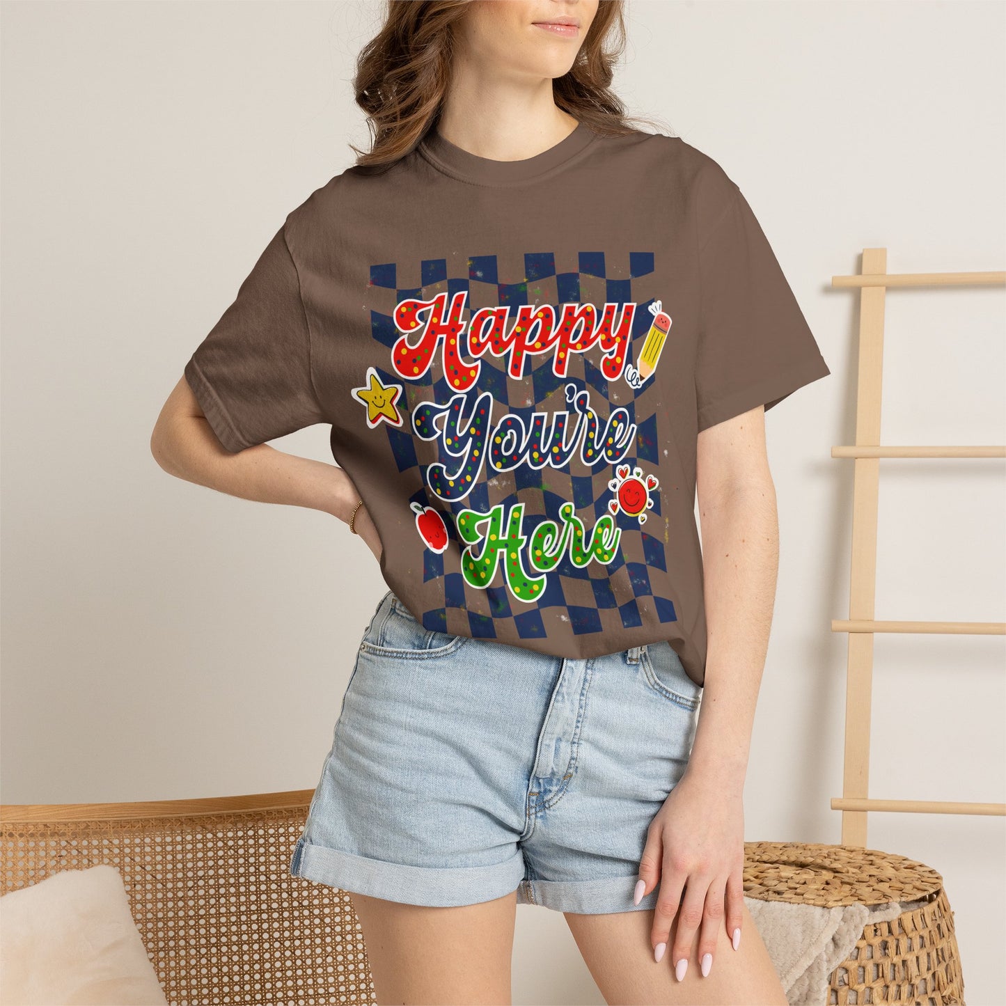 "Happy You're Here" Primary Colors Checkerboard T-Shirt | Retro Doodle Graphics - Unisex regular fit, round neck, short sleeve, cotton, printed, casual