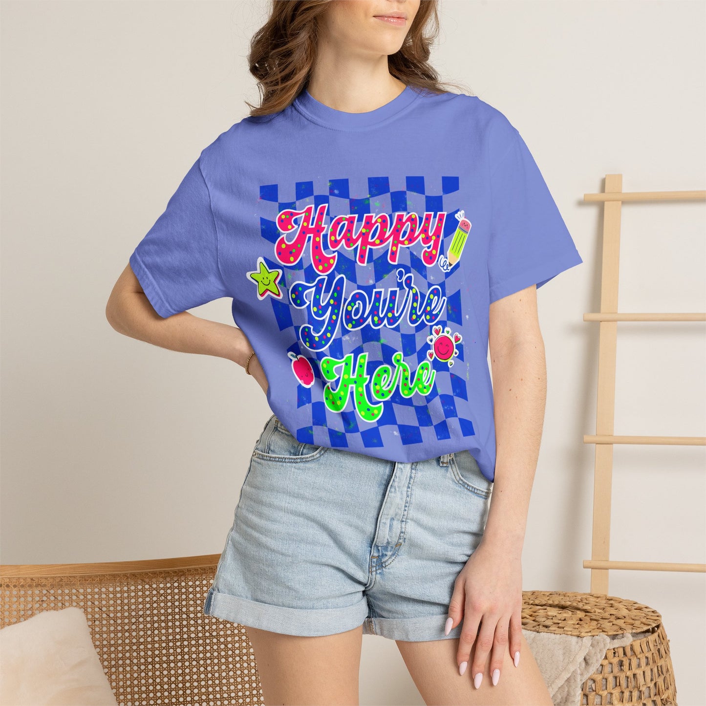 "Happy You're Here" Neon Colors Checkerboard T-Shirt | Retro Doodle Graphics - Unisex regular fit, round neck, short sleeve, cotton, printed, casual